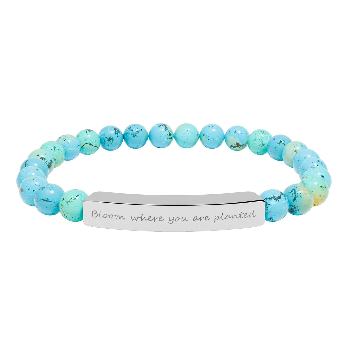 Engraved Bar Natural Stone Beaded Bracelet – Inspirational Message, Stretch Design