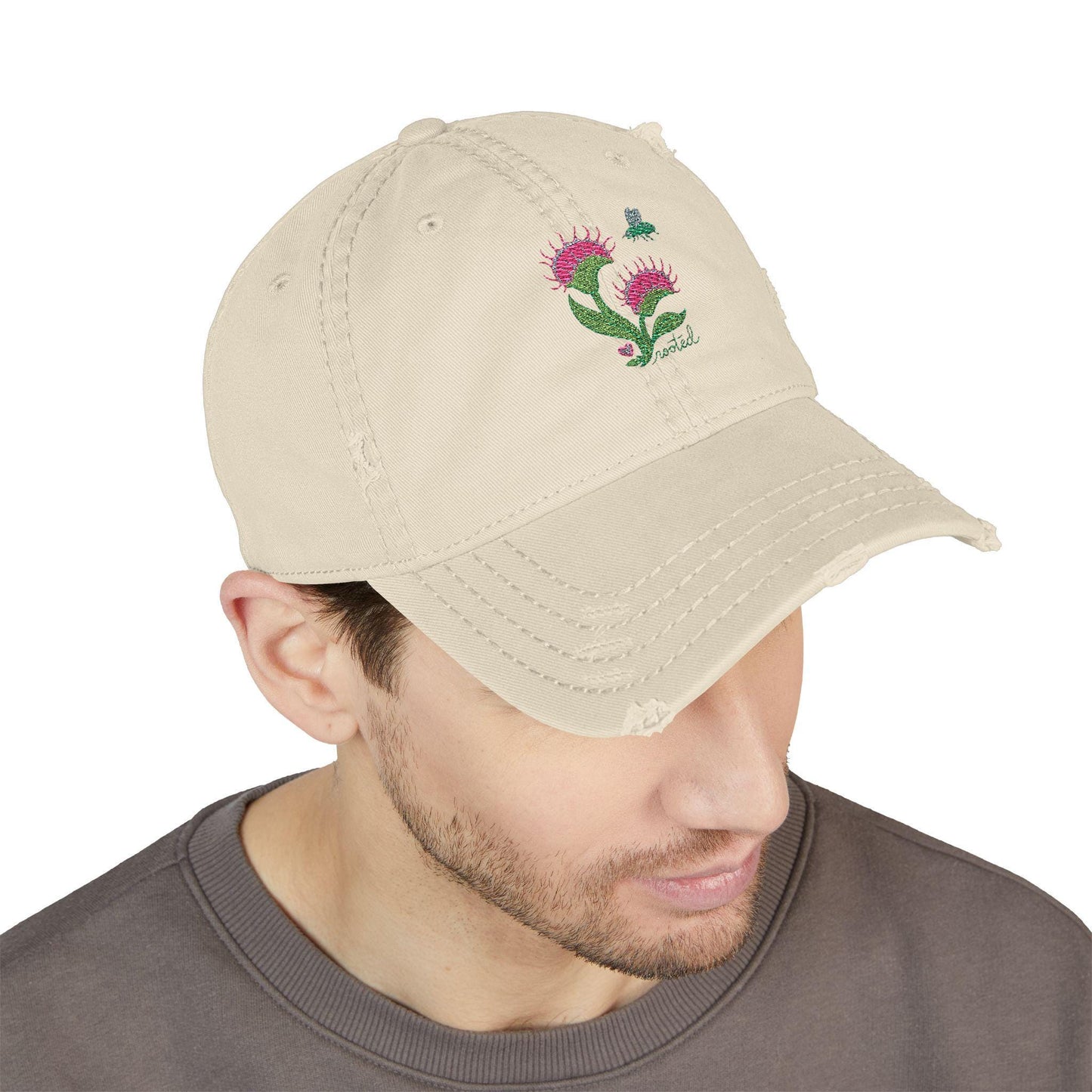 Venus Flytrap Embroidered Distressed Cap | Botanical Plant Lover Vintage Style Hat