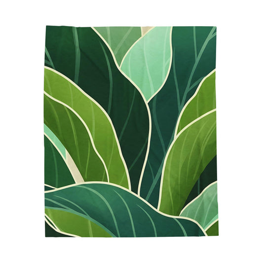 Tropical Green Leaves Velveteen Plush Blanket | Botanical Foliage Throw