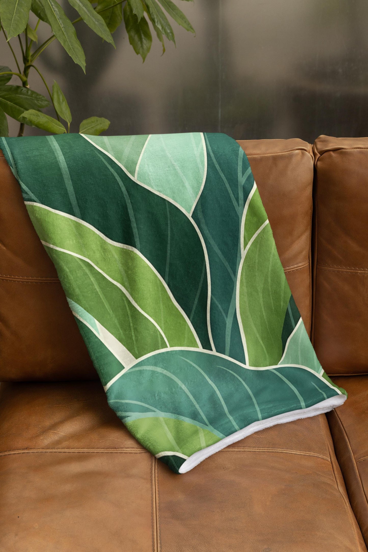 Tropical Green Leaves Velveteen Plush Blanket | Botanical Foliage Throw