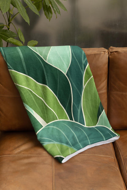 Tropical Green Leaves Velveteen Plush Blanket | Botanical Foliage Throw