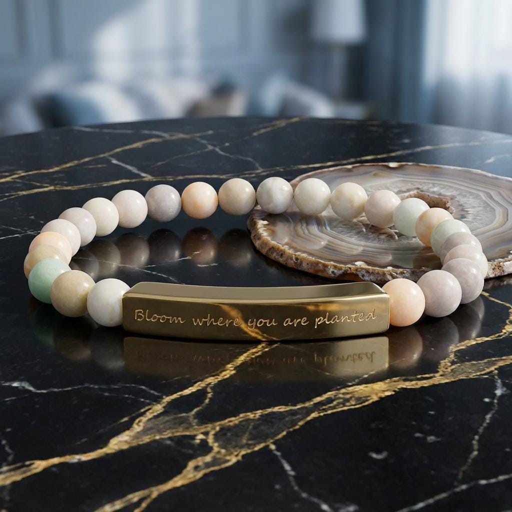 Engraved Bar Natural Stone Beaded Bracelet – Inspirational Message, Stretch Design