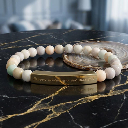 Engraved Bar Natural Stone Beaded Bracelet – Inspirational Message, Stretch Design