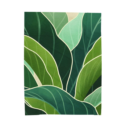 Tropical Green Leaves Velveteen Plush Blanket | Botanical Foliage Throw