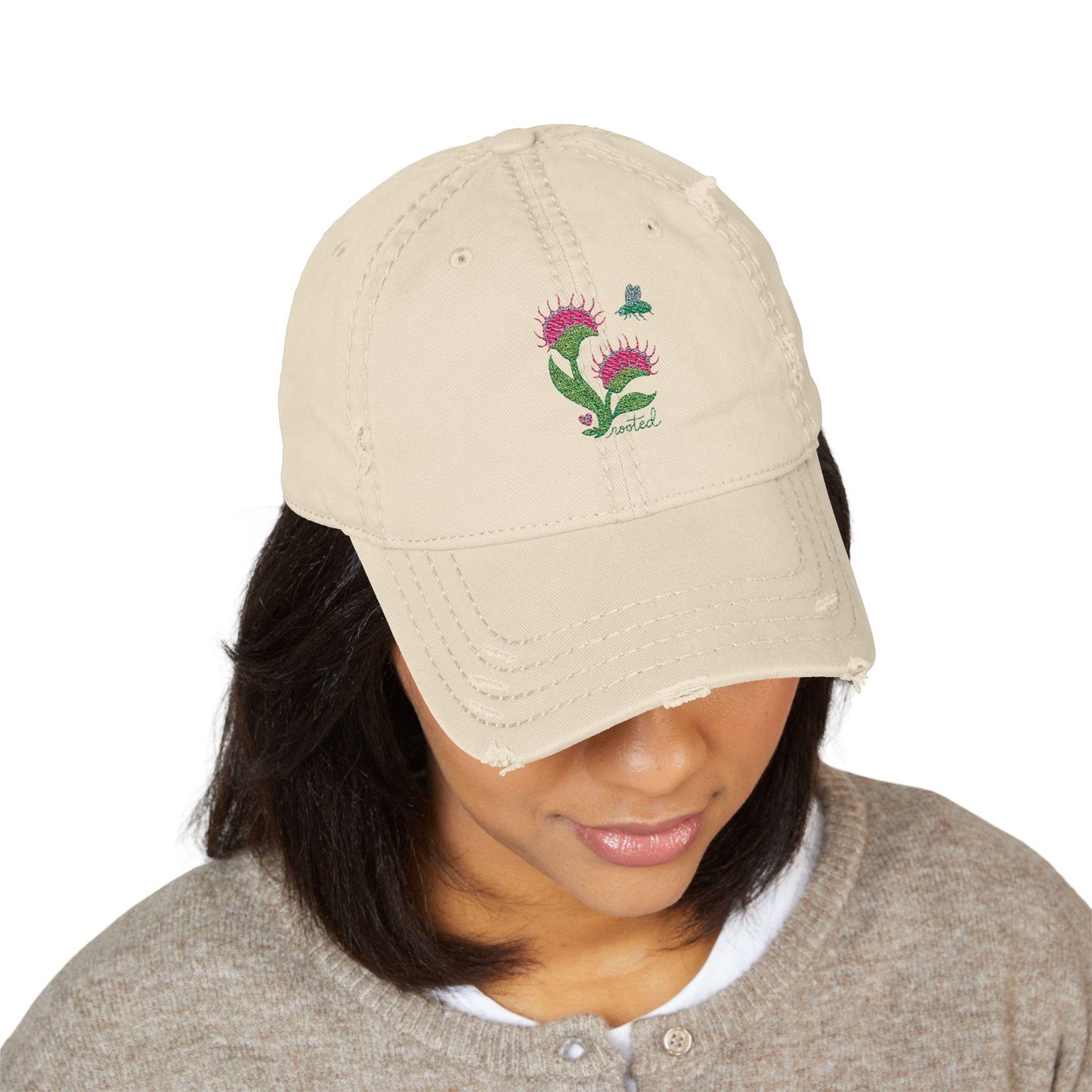 Venus Flytrap Embroidered Distressed Cap | Botanical Plant Lover Vintage Style Hat