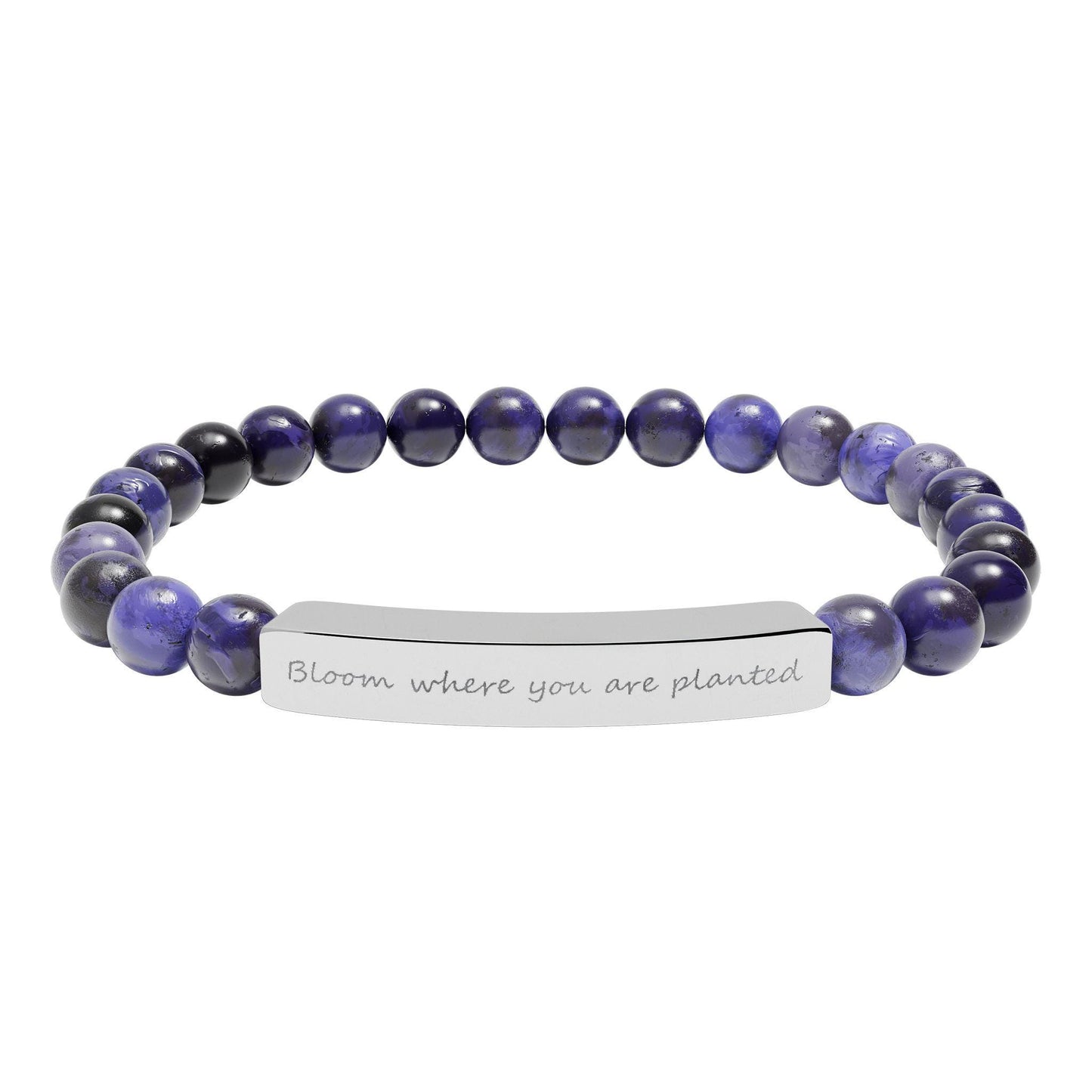 Engraved Bar Natural Stone Beaded Bracelet – Inspirational Message, Stretch Design