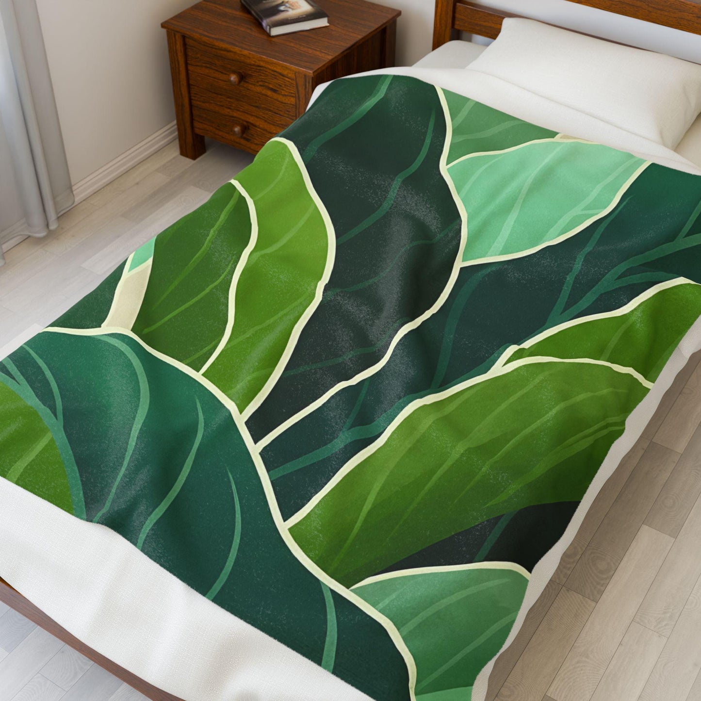 Tropical Green Leaves Velveteen Plush Blanket | Botanical Foliage Throw