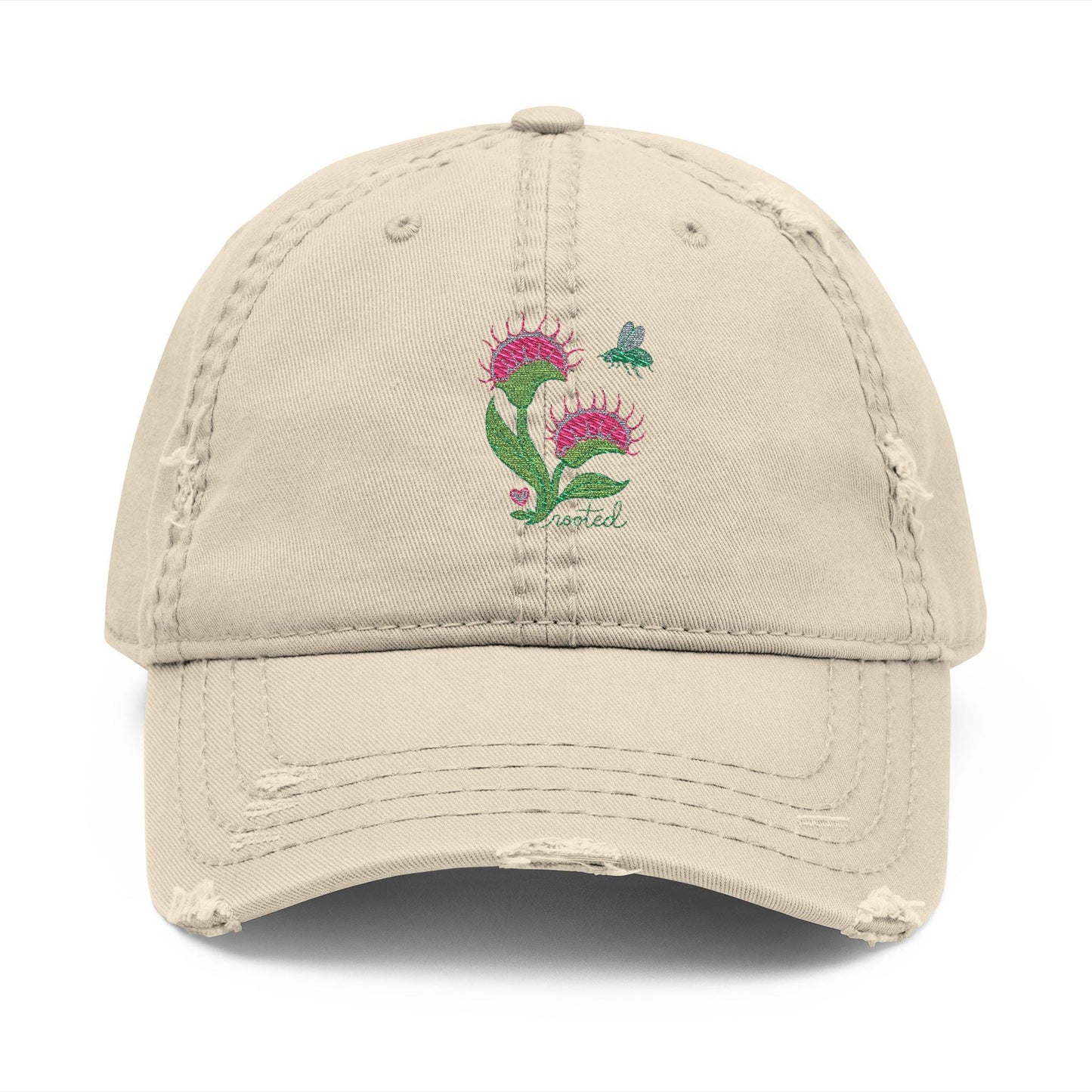 Venus Flytrap Embroidered Distressed Cap | Botanical Plant Lover Vintage Style Hat
