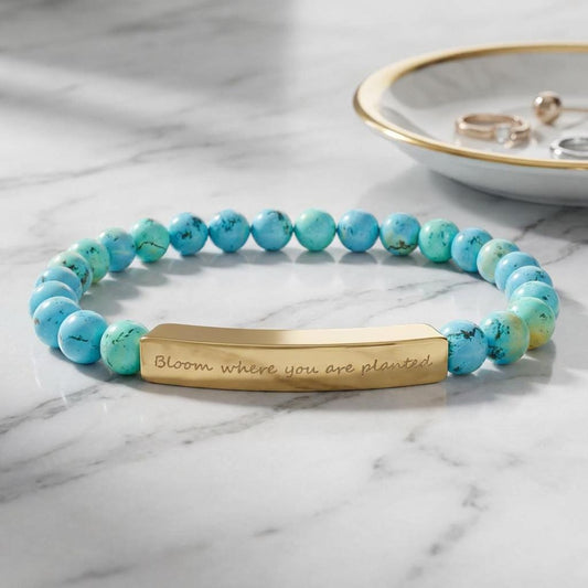Engraved Bar Natural Stone Beaded Bracelet – Inspirational Message, Stretch Design