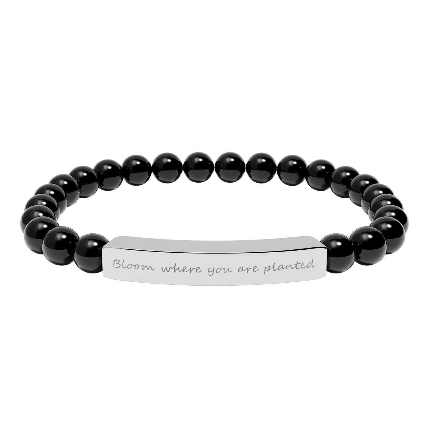 Engraved Bar Natural Stone Beaded Bracelet – Inspirational Message, Stretch Design