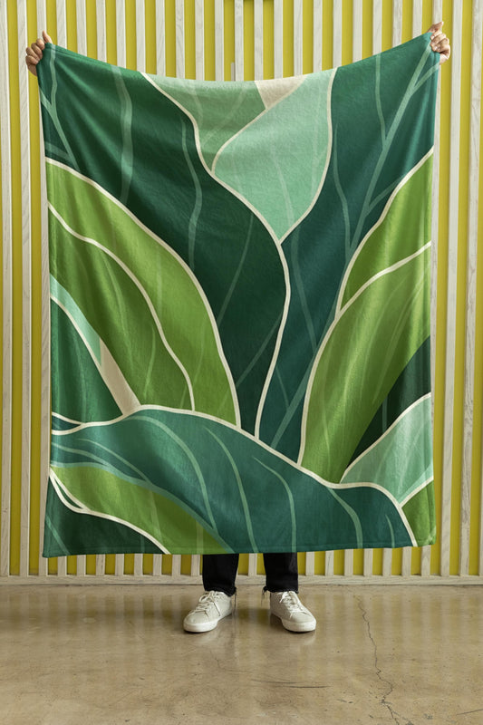 Tropical Green Leaves Velveteen Plush Blanket | Botanical Foliage Throw